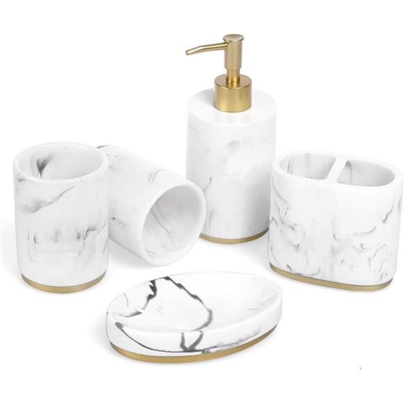 Bathroom Accessories Set, 5 Pcs Marble Look Bathroom Sets for Counter - Picture 1 of 8